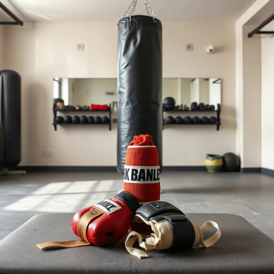 Boxing gloves, hand wraps, and protective gear arranged next to a heavy bag in a clean training gym
