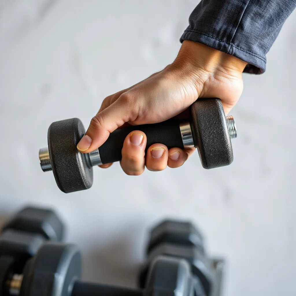 Hand gripping a dumbbell with an ergonomic, textured grip for improved lifting control