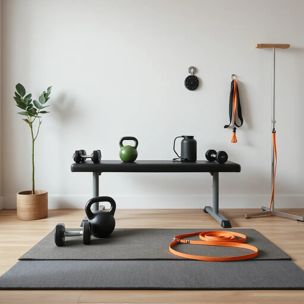 Neatly arranged home gym equipment including dumbbells, bench, resistance bands, and a yoga mat in a clean room