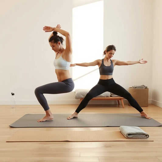 Two athletes practicing yoga and Pilates core moves on mats in a bright, minimalist studio