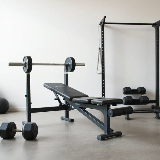 Adjustable multi-functional weight bench in a clean home gym with nearby dumbbells
