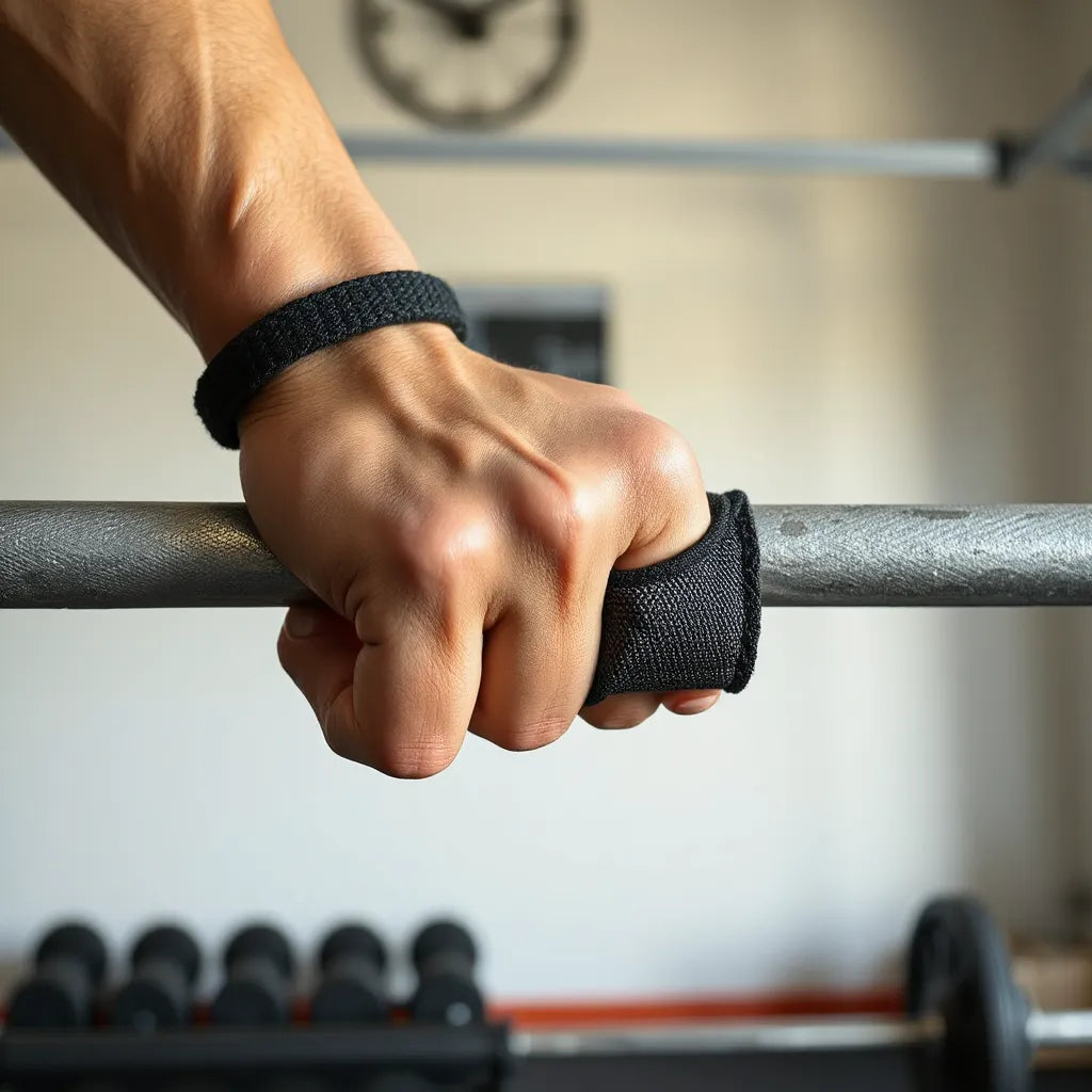 Lifter’s hands gripping a barbell with an ergonomic non-slip grip aid for safer, more controlled lifting