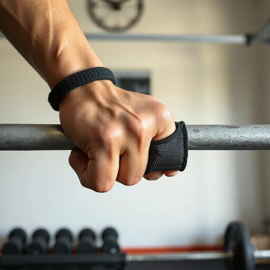 Lifter’s hands gripping a barbell with an ergonomic non-slip grip aid for safer, more controlled lifting