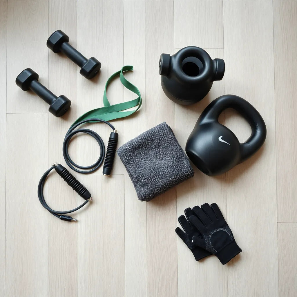 Neatly arranged strength and cardio fitness gear like dumbbells, resistance band, jump rope, and gloves